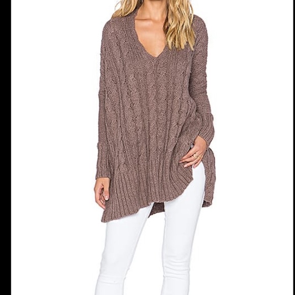 Free people Easy Cable V Neck Sweater in Mushroom - Picture 2 of 8